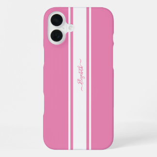 Roze Witte Racing Stripes Monogrammed Girly Chic iPhone 16 Plus Hoesje