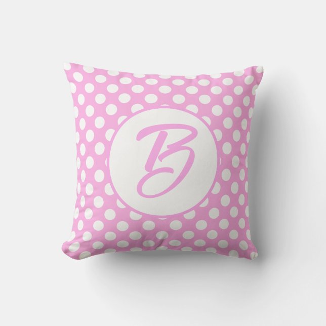 Roze witte retro polka dots monogrammed kussen (Voorkant)