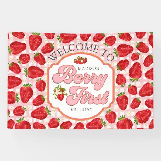 Roze Witte Rode Aardbei Welkom Verjaardag Banner (Horizontaal)
