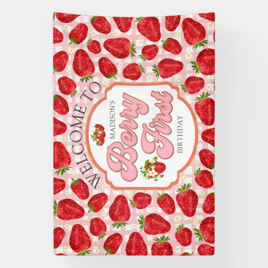 Roze Witte Rode Aardbei Welkom Verjaardag Banner (Verticaal)