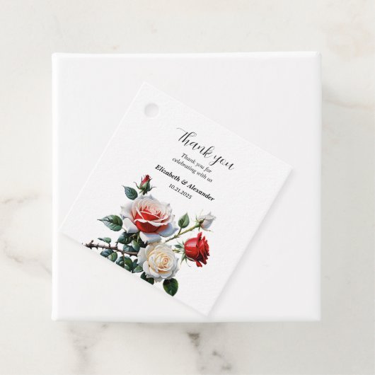  roze witte rode rozen bloemenbruiloft bedankjes labels (In situ)