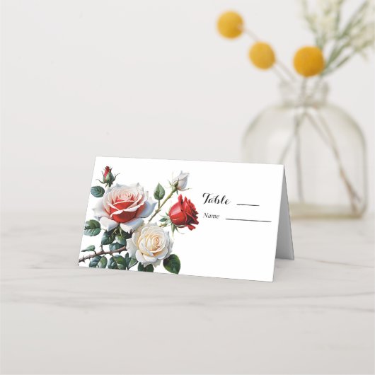 roze witte rode rozen bloemenbruiloft plaatskaartje (Voorkant)