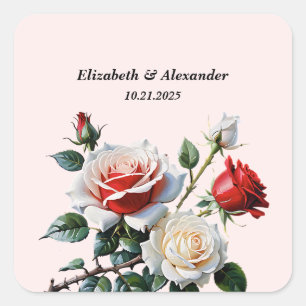 roze witte rode rozen bloemenbruiloft vierkante sticker
