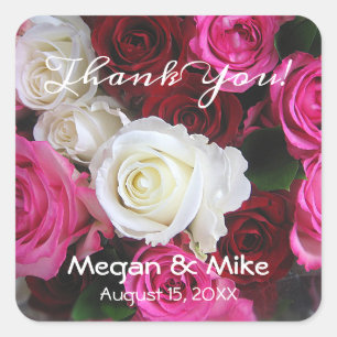 Roze Witte Rode Rozen Boeket, DIY Namen & Datum Vierkante Sticker