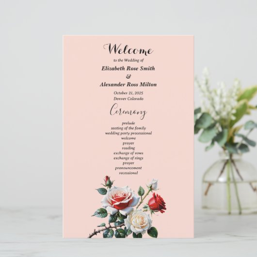  roze witte rode rozen huwelijksprogramma (Staand voorkant)