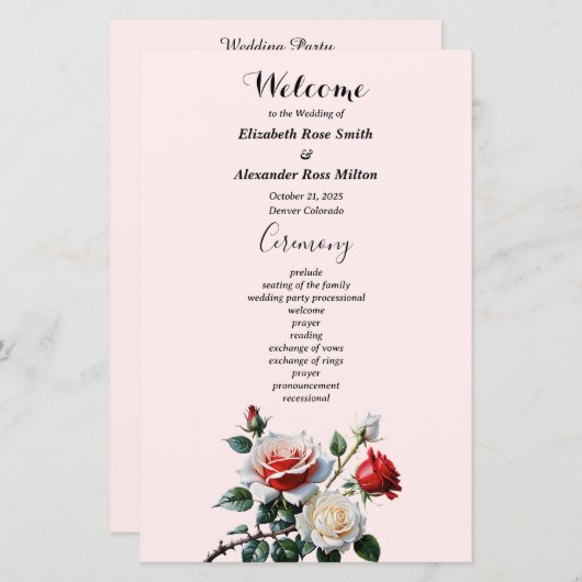 roze witte rode rozen huwelijksprogramma (Voorkant / Achterkant)