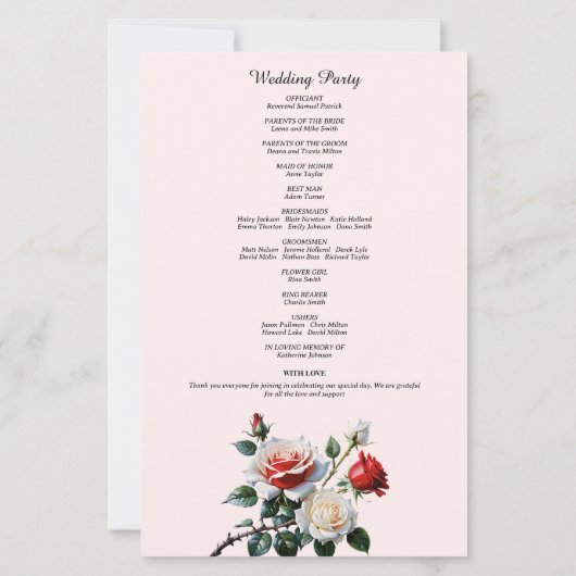 roze witte rode rozen huwelijksprogramma (Achterkant)