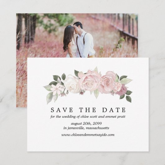 Roze Witte Roos Sparen de Kaart van de Datum met d (Voorkant / Achterkant)