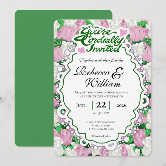 Roze & Witte Roos Trouw Uitnodiging - Groene Lette (Voorkant / Achterkant)