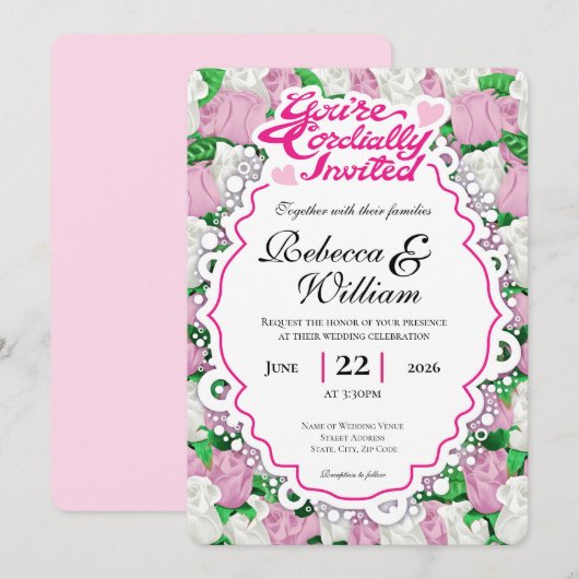 Roze & Witte Roos Trouw Uitnodiging - Roze Letters (Voorkant / Achterkant)