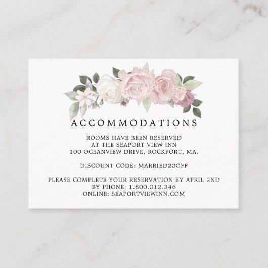 Roze Witte Rose Bloemen Bruiloft Accommodatie Informatiekaartje (Voorkant)
