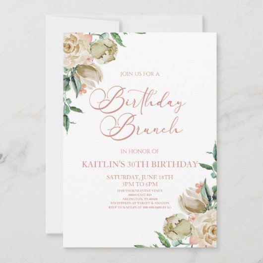 Roze Witte Rose Bloemen Verjaardag Brunch Party Kaart (Voorkant)