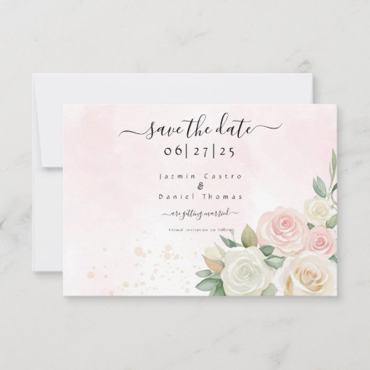 Roze & Witte Rose Blooms Flat Save The Date Kaart (Voorkant)