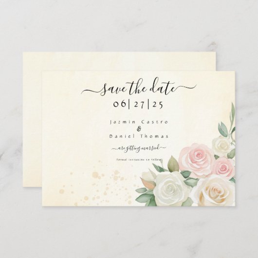 Roze & Witte Rose Blooms Flat Save The Date Kaart (Voorkant / Achterkant)
