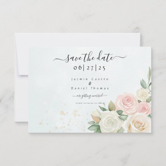 Roze & Witte Rose Blooms Flat Save The Date Kaart (Voorkant)