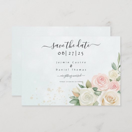 Roze & Witte Rose Blooms Flat Save The Date Kaart (Voorkant / Achterkant)