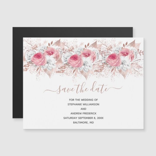 Roze Witte Rose Gouden bruiloft Save The Date Magn (Voorkant / Achterkant)