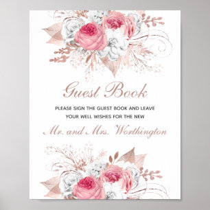 Roze Witte Roze Gouden Bloemachtig Trouwgastenboek Poster