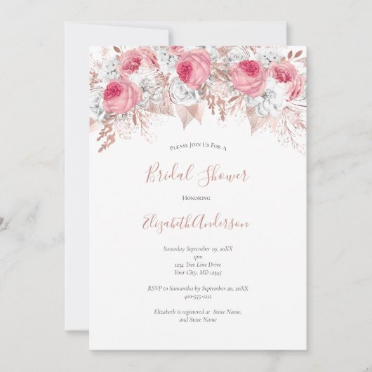 Roze Witte Roze Gouden Bloemrijke Trendy Bruidsdou Kaart (Voorkant)