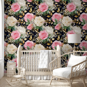 Roze Witte Rozen Baby's Adem Goud op Zwart Behang