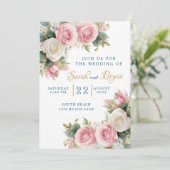 Roze Witte Rozen Baby's Adem Huwelijksuitnodiging Kaart (Staand voorkant)