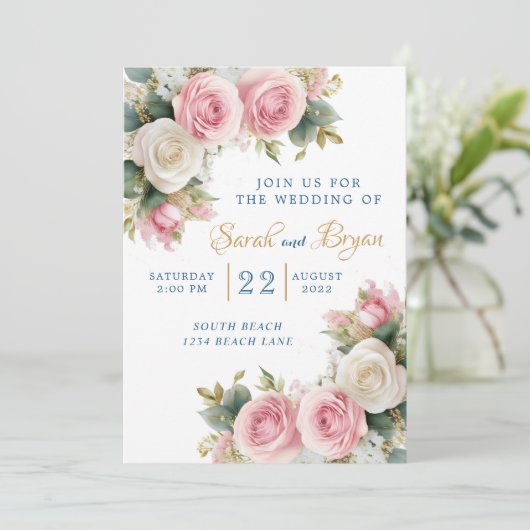 Roze Witte Rozen Baby's Adem Huwelijksuitnodiging Kaart (Staand voorkant)