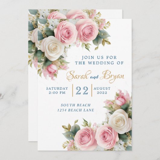 Roze Witte Rozen Baby's Adem Huwelijksuitnodiging Kaart (Voorkant / Achterkant)