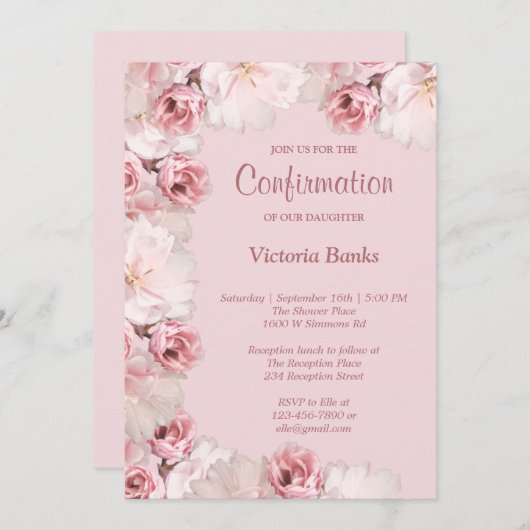 Roze/witte rozen Bevestigingsuitnodiging Kaart (Voorkant / Achterkant)