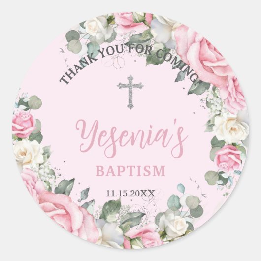 Roze Witte Rozen Bloemige Doop Doopfeest Ronde Sticker (Voorkant)