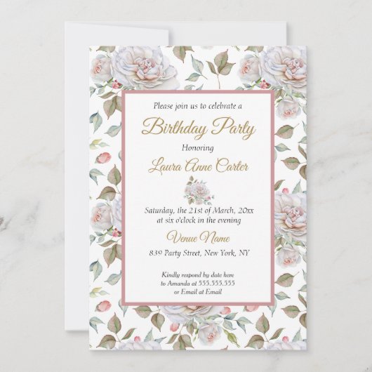  roze witte rozen Foto van Birthday Party Kaart (Voorkant)