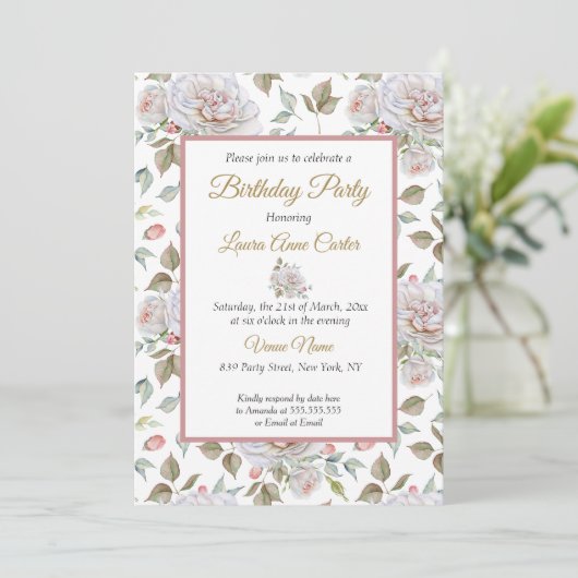  roze witte rozen Foto van Birthday Party Kaart (Staand voorkant)