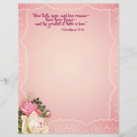 Roze Witte Rozen Kant Rand Stationery Schrift (Voorkant)
