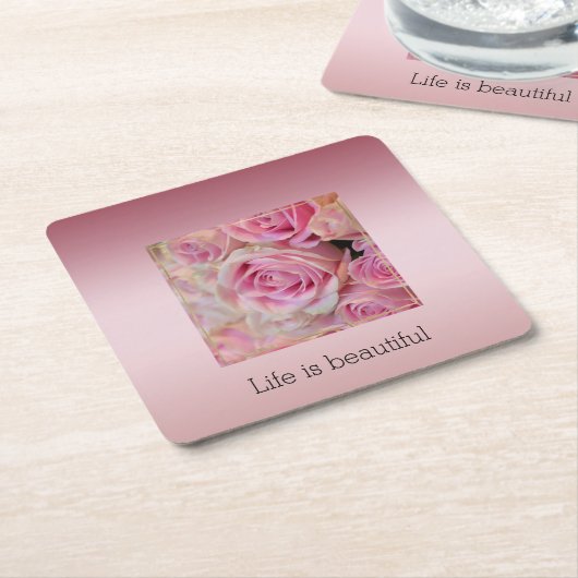 Roze witte rozen mooie momenten kartonnen onderzetters (Schuin)