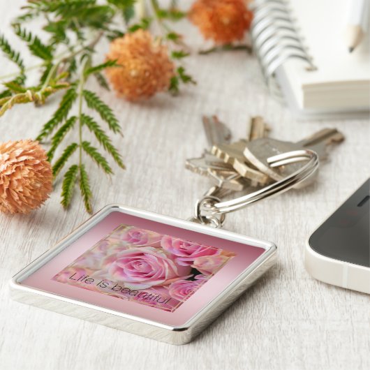 Roze witte rozen mooie momenten sleutelhanger (Zijkant)