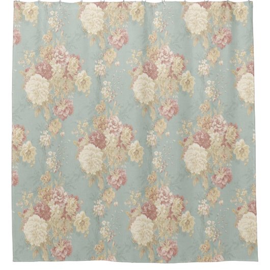 Roze witte Rozen op blauwe achtergrond Douchegordijn (Voorkant)