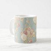 Roze witte Rozen op blauwe achtergrond Koffiemok (Voorkant links)