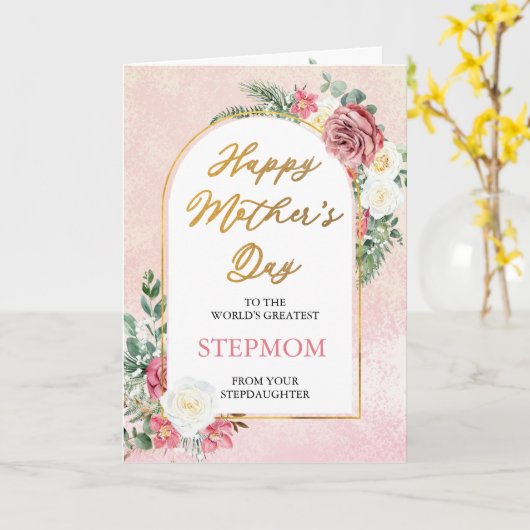 Roze witte rozen Orchid Happy Moederdag Stepmama Kaart (Gele Bloem)