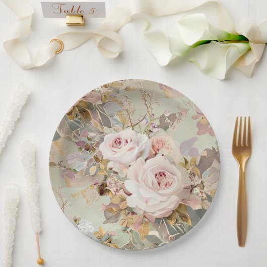  roze/witte rozen papieren bordje (Huwelijk)