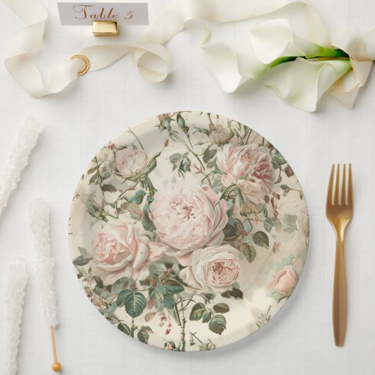  roze/witte rozen papieren bordje (Huwelijk)