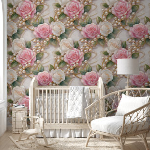 Roze Witte Rozen Parels Victoriaans Kant Behang