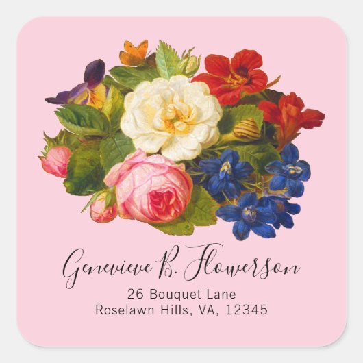Roze witte rozen rode Oranje blauwe vlindervlinder Vierkante Sticker (Voorkant)