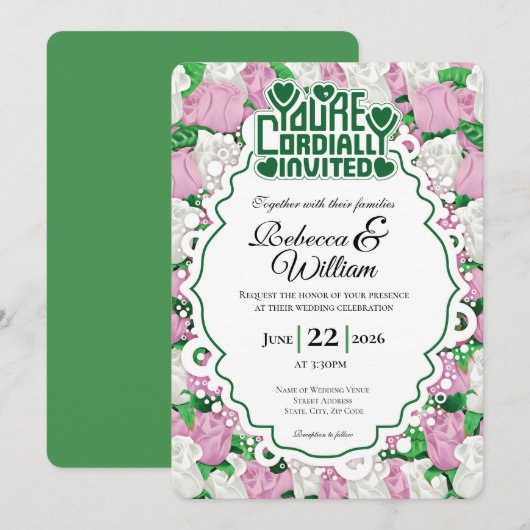 Roze & Witte Rozen Trouw Uitnodiging - Groene Lett (Voorkant / Achterkant)