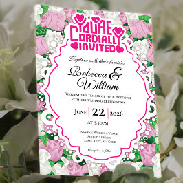 Roze & Witte Rozen Trouw Uitnodiging - Roze Letter