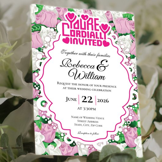 Roze & Witte Rozen Trouw Uitnodiging - Roze Letter