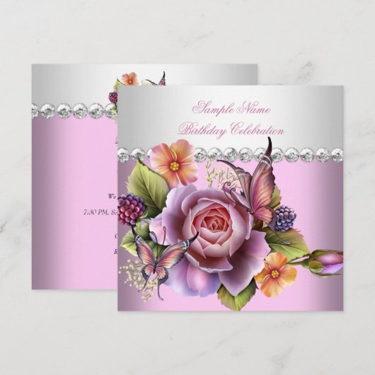  roze witte rozen vlinder Birthday Partij Kaart (Voorkant / Achterkant)