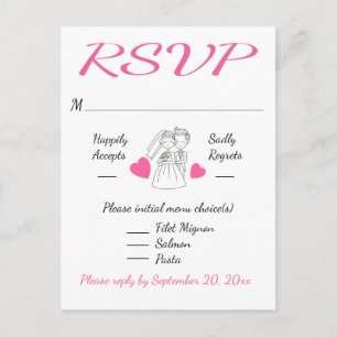 Roze & Witte RSVP Huwelijk Cartoon Bruid & Bruideg Uitnodiging Briefkaart