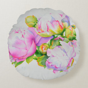 Roze witte schilderij van de waterverf van Peony Rond Kussen