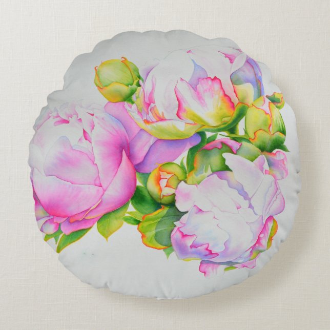 Roze witte schilderij van de waterverf van Peony Rond Kussen (Voorkant)