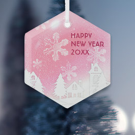Roze Witte Sneeuw Huis Gelukkig Nieuwjaar Glas Ornament