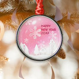 Roze Witte Sneeuw Huis Gelukkig Nieuwjaar Metalen Ornament